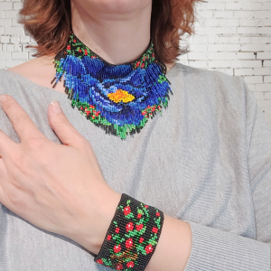 Komplet "Niebieski Mak" naszyjnik-choker z frędzli i bransoletka