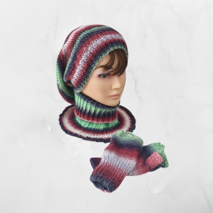 Komplet zimowy: czapka, komin i mitenki w kolorowe pasy