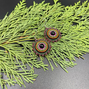 Koralikowe kolczyki koła oliwkowy pomarańczowy różowy #1040