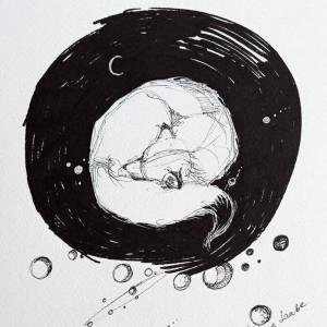"Kosmiczny sen lisa" rysunek piórkiem