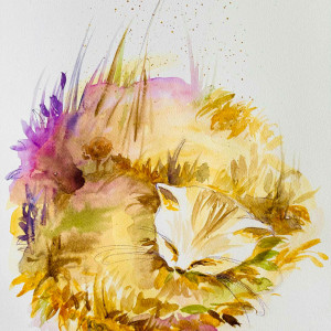 "Kot jesienny 2" nastrojowa akwarela artystki Adriany Laube