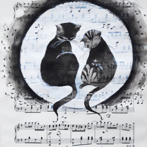 "Koty piszą muzykę" akwarela na papierze z nutami
