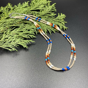 Krótki podwójny koralikowy naszyjnik beżowy, kolorowy #1111