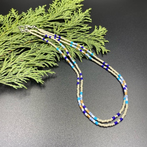 Krótki podwójny koralikowy naszyjnik beżowy, niebieski #1112