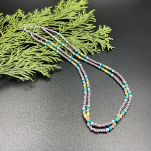 Krótki podwójny koralikowy naszyjnik turkusowy, lawendowy #1109