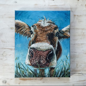 Krowa w trawie, obraz 30x25cm