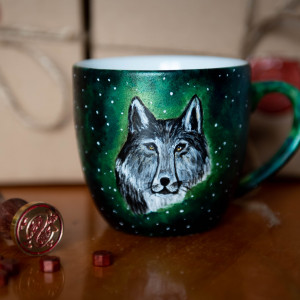 Kubek ręcznie malowany - srebrny wilk
