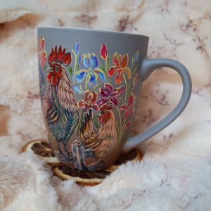 Kubek retro kogucik kurka i irysy ręcznie malowany 300 ml.