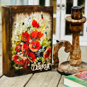 Kufer w kształcie książki, prezent dla miłośnika czytania, maki,