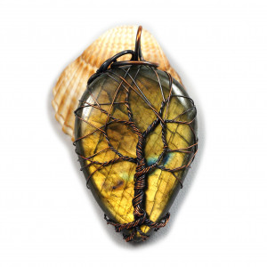 Labradoryt, drzewko szczęścia miedziany wisior.