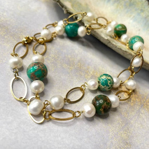 Łańcuszkowy naszyjnik z perłami i jaspisem c1342