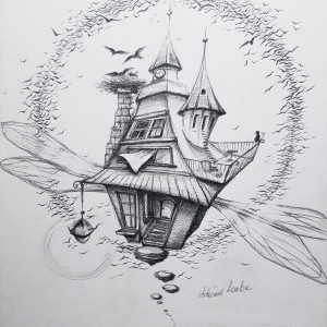 "Latający Dom Czarownicy" rysunek ołówkiem A3