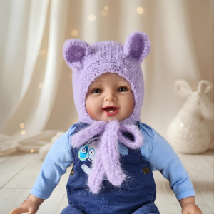 Liliowa czapka Miś z alpaki i merynosa – handmade