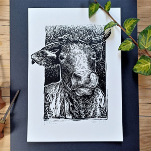 linoryt - portret krowy, byka