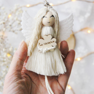 Makramowy breloczek Anioł  - biały | Aniołek na szczęście brelok