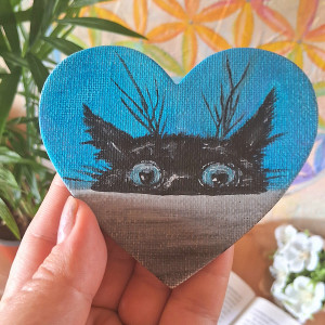 Mini obraz na płótnie malowany olejem Kot czarny magnez tiny painting