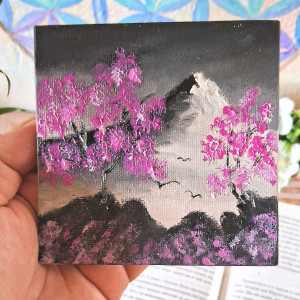 Mini obraz na płótnie malowany olejem Sakura Góra tiny painting