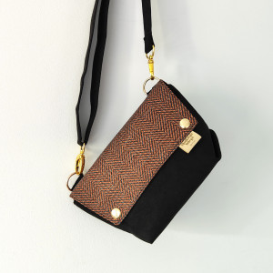 Mini Torebka L E A  Orange&Black - mała torebka nubuk/tkanina pleciona