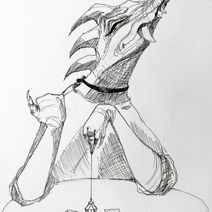 "Mistrzyni wahadełka" rysunek piórkiem - portret, smok, dragon