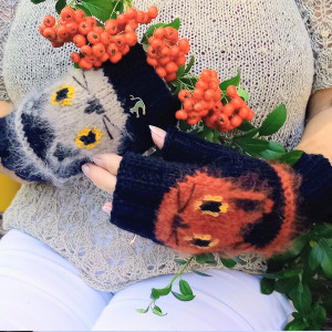 Mitenki z serii Kudłaty kotek/ długi ściągacz/rękawiczki/ręcznie