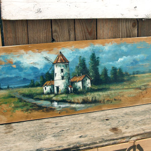 Młynarzówka - pejzaż malowany na starych deskach