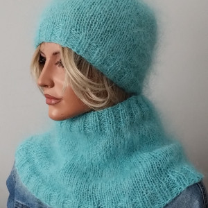 Moherowy komplet czapka i komin  jasny turkus