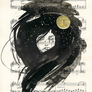 "Muzyka sfer" obraz czarnym i złotym tuszem