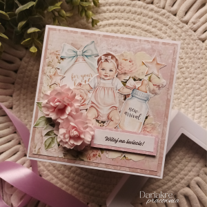 Narodziny dziecka, kartka w pudełku różowa pamiątka, pu9