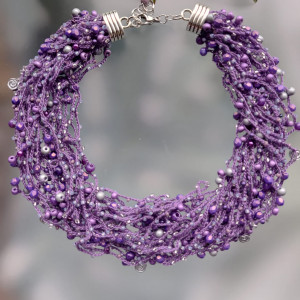 Naszyjnik Boho Fioletowy Mix Koralików Róża