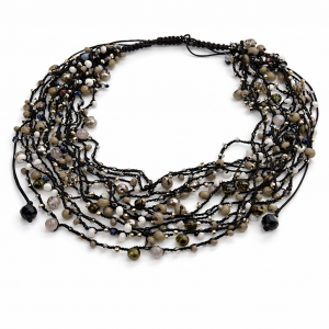 Naszyjnik Czarny Sznurek Szare Korale Makrama