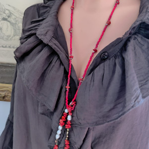 Naszyjnik Czerwone Korale Długie Koralowiec Perły I Hematyt 25.153