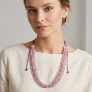 Naszyjnik elegancki, wielowarstwowy z różowych nude koralików