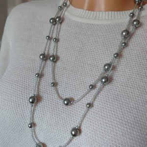 Naszyjnik Korale Perłowe Długi Sznur Pereł Szare Perły
