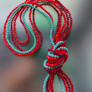 Naszyjnik Korale Sznury Kryształki Czerwone Turkusowe