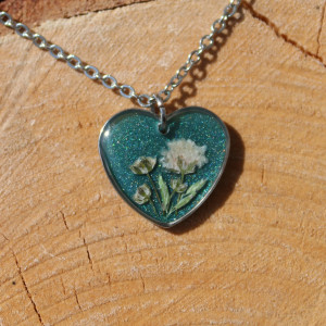 Naszyjnik serce brokatowe turkusowe srebrne kwiat