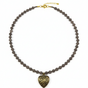 Naszyjnik Vintage z Ażurowym Sercem i Matowym Jadeitem