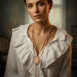 Naszyjnik wielorzędowy z kameą w stylu vintage - beżowy boho choker