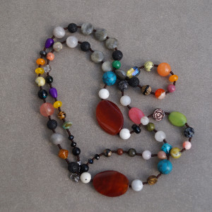 Naszyjnik z naturalnych minerałów 100 cm – labradoryt, agat, jadeit