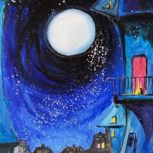 "Niebieska noc" obraz - pejzaż nocny, fantazyjny