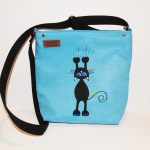 Niebieska torebka z kotem młodzieżowa malowana