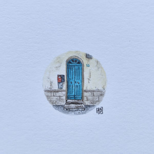 Niebieskie, drewnaine drzwi, pamiątka z Sycylii, miniatura akwarela