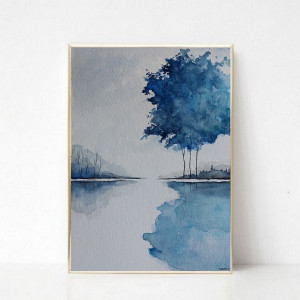 Niebieskie drzewa - akwarela formatu 24/32 cm