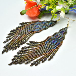 Nindhan, brązowo-niebieskie "indiańskie" kolczyki, beading