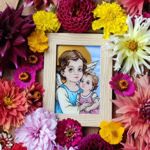 Obraz na szkle Anioł Stróż z dzieckiem (1)