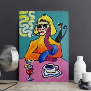 obraz olejny dama z kotem, kawa, drink i alibi