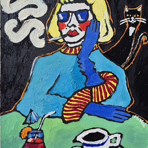 obraz olejny portret babci przy zielonym stole