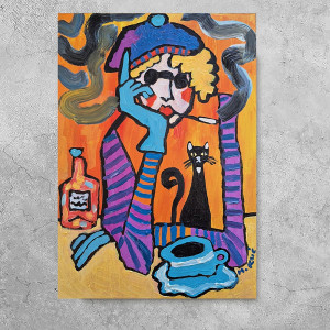 obraz olejny portret czarny kot zna odpowiedz