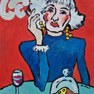 obraz olejny portret damy wino, ser i papieros