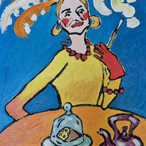 obraz olejny portret pióra nad głową, cisza na stole