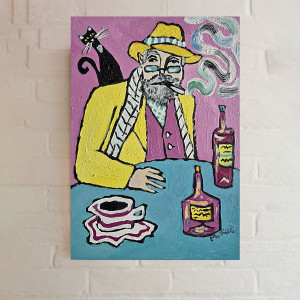 obraz olejny wieczór przy niebieskim stole